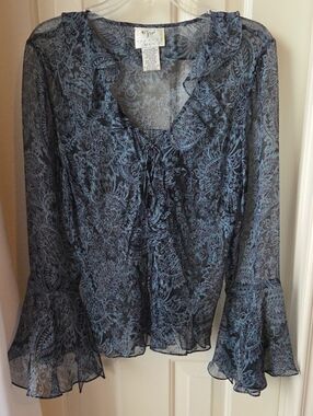 Vision Apparel Navy Blue Paisley Ruffle Tie-Front Blouse